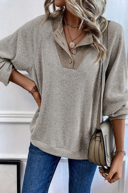 Black Color Contrast Ribbed Loose Fit Long Sleeve Top