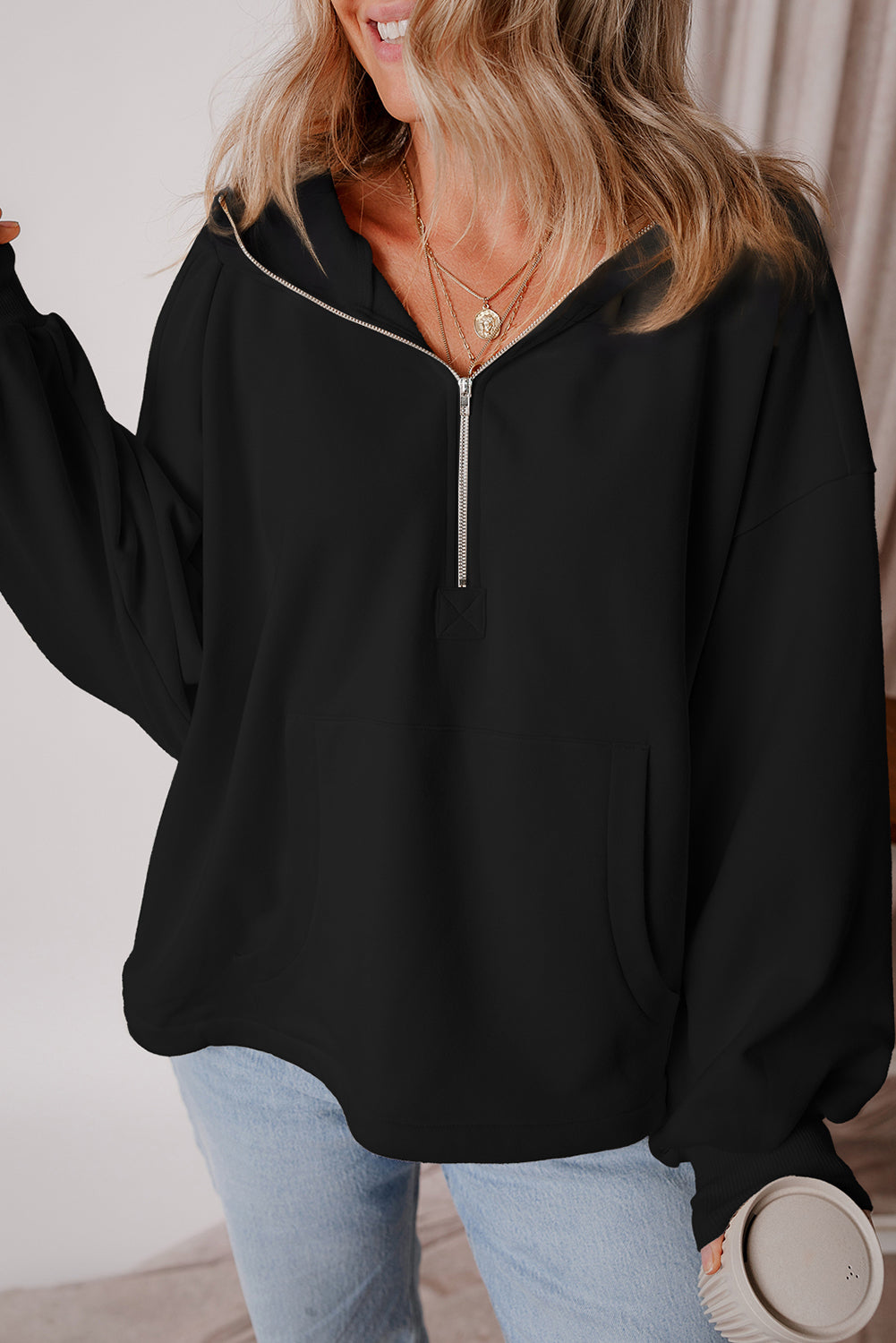 Bonbon Fleece Lined Half Zipper Kangaroo Pockets Loose Hoodie