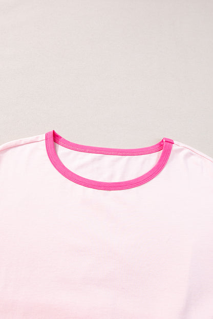 Pink Color Block Half Sleeve O Neck Plus Size T Shirt