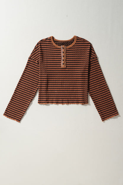 Green Stripe Textured Frilly Trim Buttons Henley Long Sleeve Top