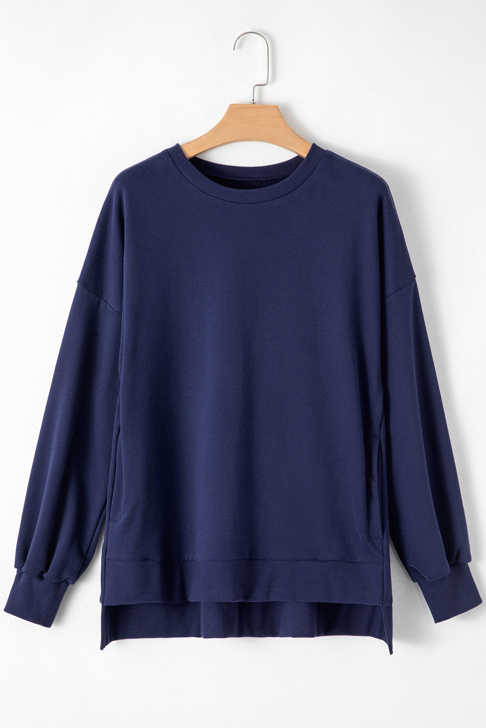 Parchment Solid O Neck High Low Hem Pullover Sweatshirt
