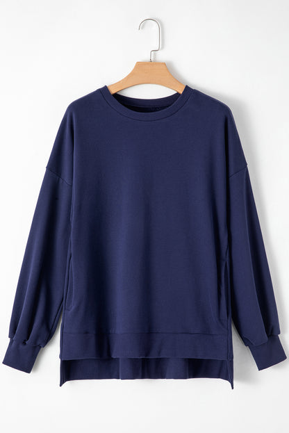 Parchment Solid O Neck High Low Hem Pullover Sweatshirt