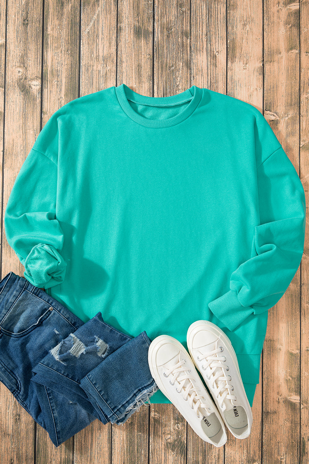 Parchment Solid O Neck High Low Hem Pullover Sweatshirt
