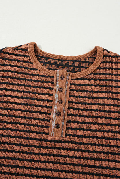 Green Stripe Textured Frilly Trim Buttons Henley Long Sleeve Top