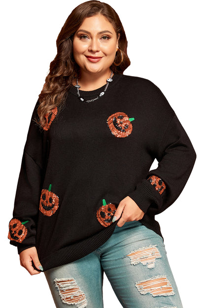 Black Plus Size Halloween Sequined Pumpkin Pattern Sweater