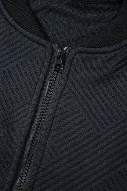 Myosotis Solid Textured Stand Neck Zipper Bomber Jacket