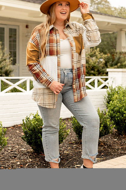 Golden Apricot Plus Size Plaid Patchwork Button up Shacket