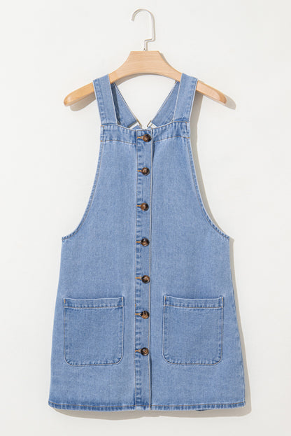 Medium Grey Wide Strap Button Front Pocketed Denim Mini Dress