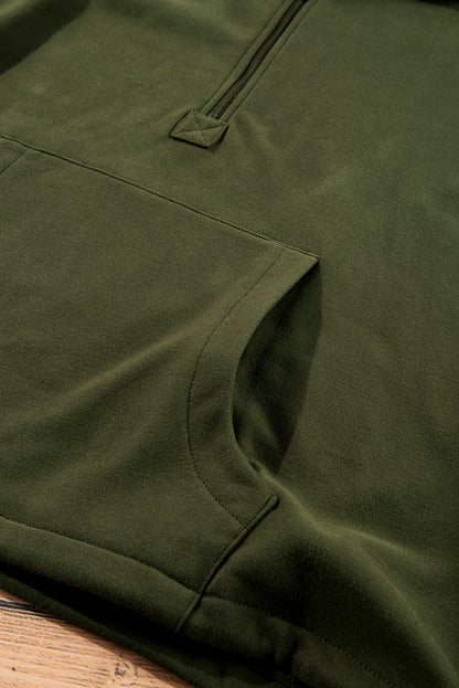 Bonbon Fleece Lined Half Zipper Kangaroo Pockets Loose Hoodie