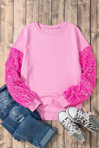 Orchid Petal Sequin Patchwork Long Sleeve Pullover Top