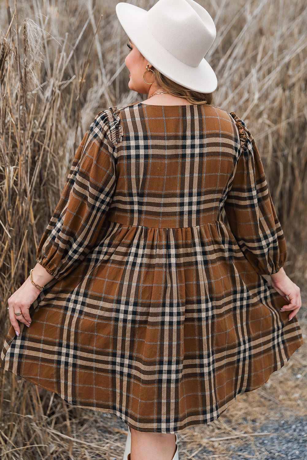 Brown Printed Plaid V Neck Plus Size Babydoll Dress