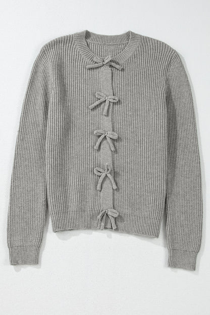 Fiery Red Ribbed Knit Bow Front Buttoned Cardigan