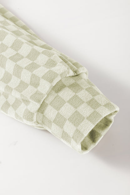Khaki Checkered Print Kangaroo Pocket Drawstring Hoodie