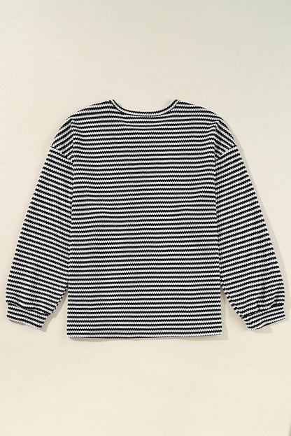 Black Stripe Drop Shoulder Puff Long Sleeve O Neck Plus Size T Shirt