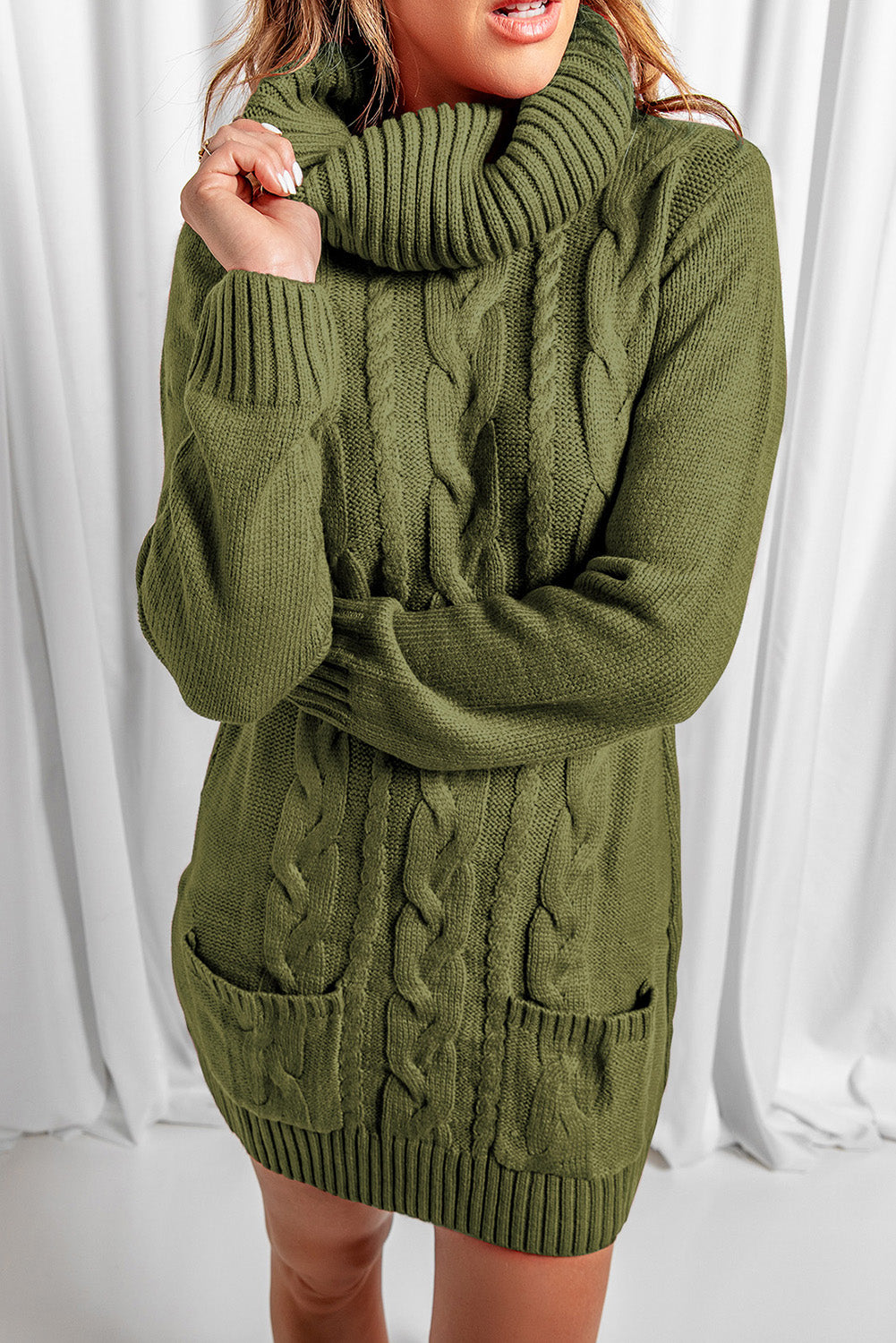 White Cowl Neck Cable Knit Sweater Dress
