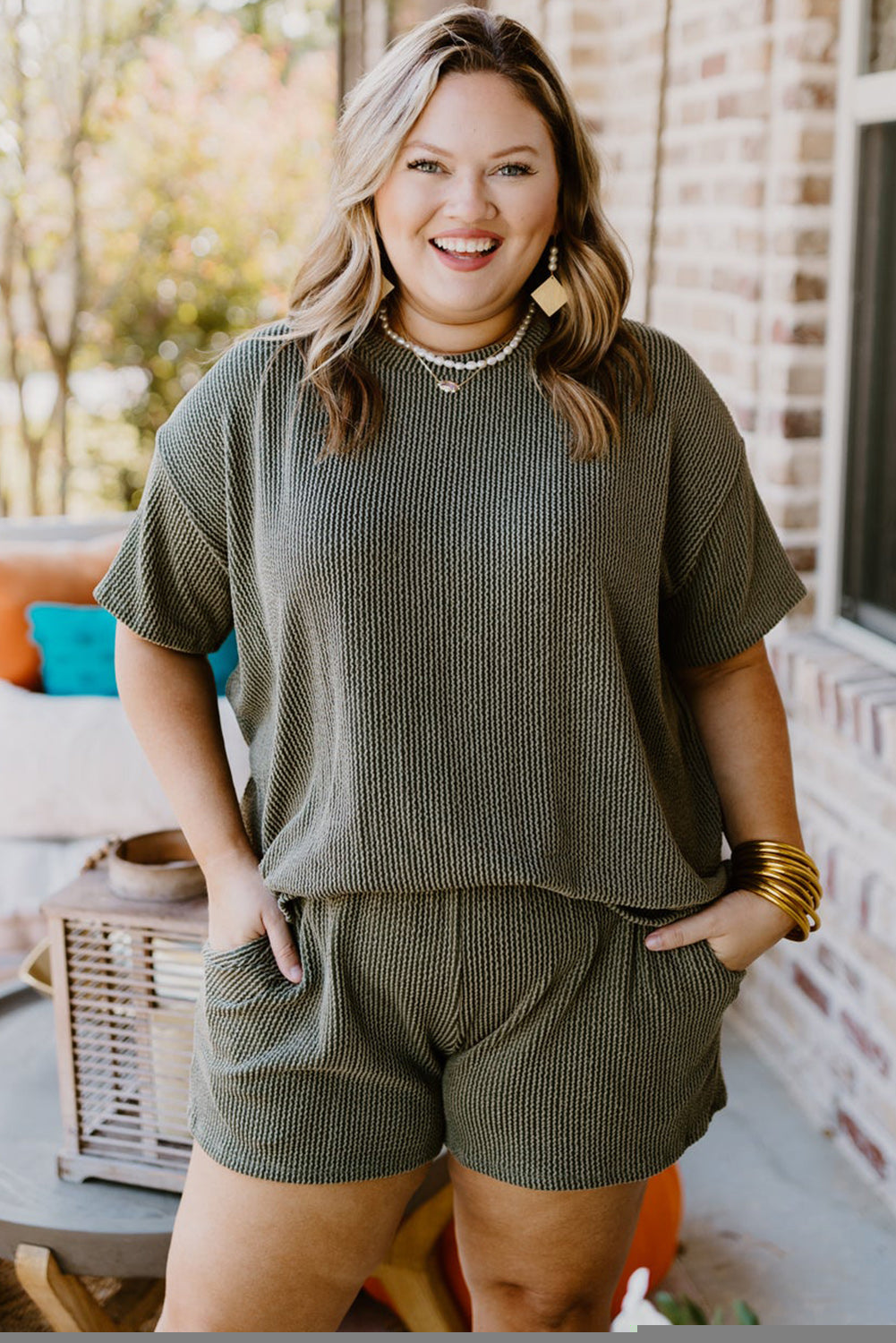 Moss Green Plus Size Rib Knit Short Sleeve Top and Shorts Set