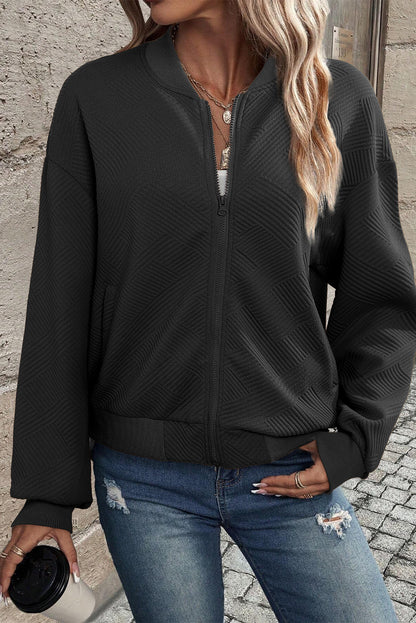 Myosotis Solid Textured Stand Neck Zipper Bomber Jacket