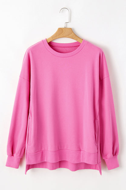 Parchment Solid O Neck High Low Hem Pullover Sweatshirt