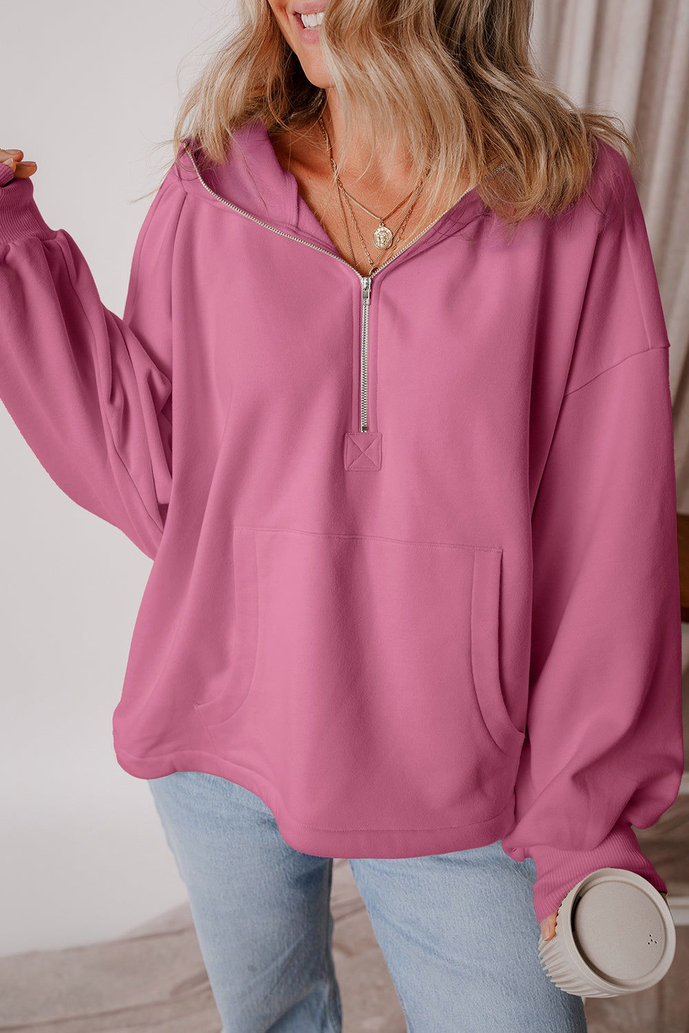 Bonbon Fleece Lined Half Zipper Kangaroo Pockets Loose Hoodie