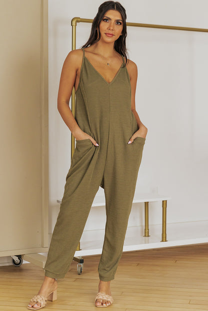Gray Textured Sleeveless V-Neck Pocketed Casual Jumpsuit