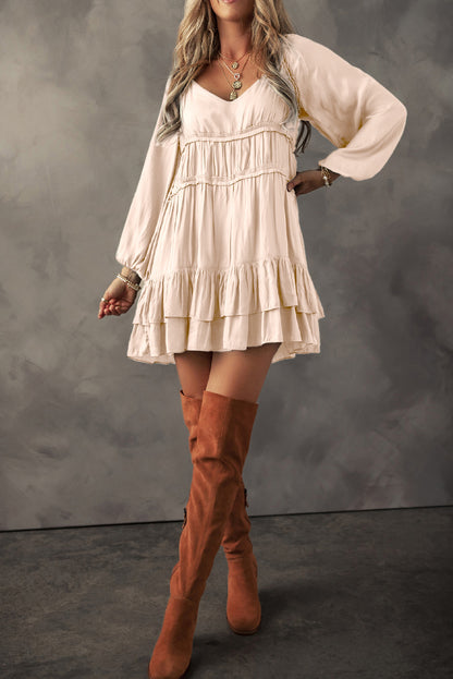 Black Tiered Ruffled Puff Sleeve Loose Fit Mini Dress