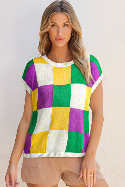 Dark Green Color Block Cap Sleeve Sweater