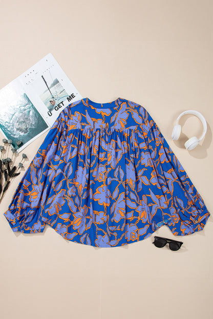 Pink Floral Print Batwing Sleeve Buttoned Loose Fit Shirt