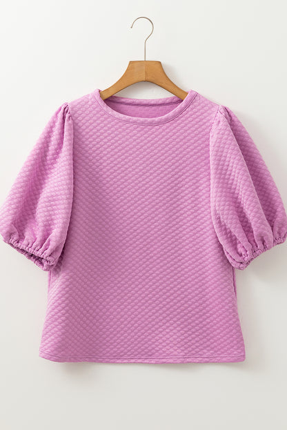 White Solid Textured O Neck Puff Sleeve Blouse