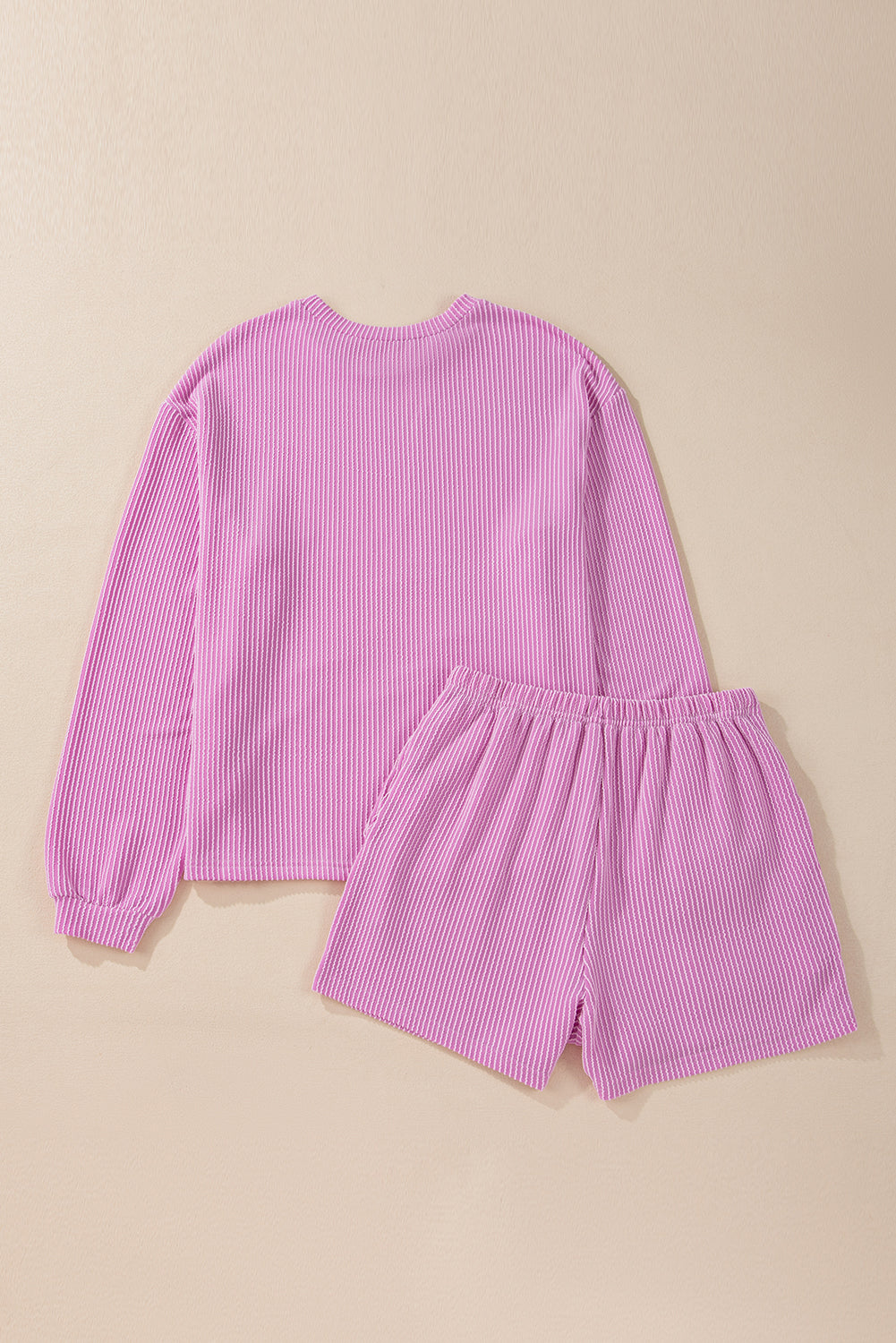 Carbon Grey Bowknot Patched Pattern Corded Long Sleeve Top and Shorts Outfit