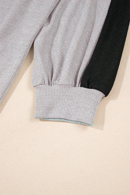 Pink Colorblock Ribbed Collared Oversized Sweatshirt