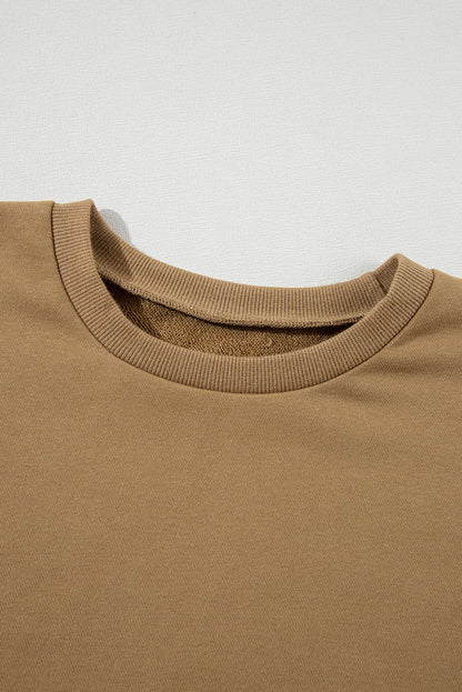 Parchment Solid O Neck High Low Hem Pullover Sweatshirt