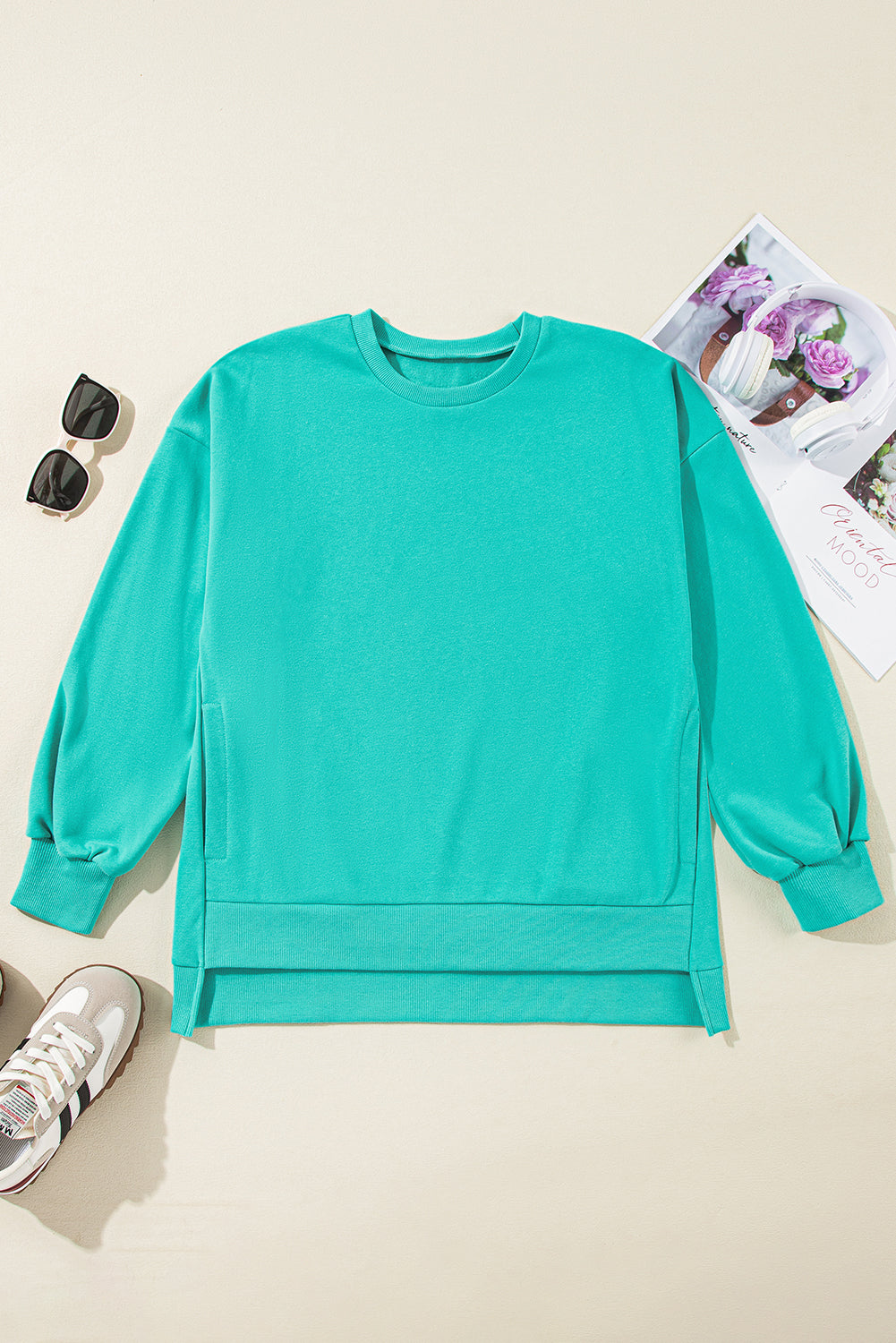 Parchment Solid O Neck High Low Hem Pullover Sweatshirt