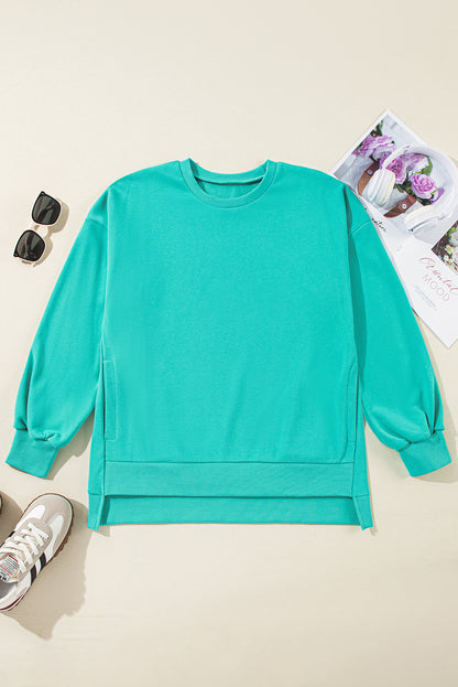 Parchment Solid O Neck High Low Hem Pullover Sweatshirt