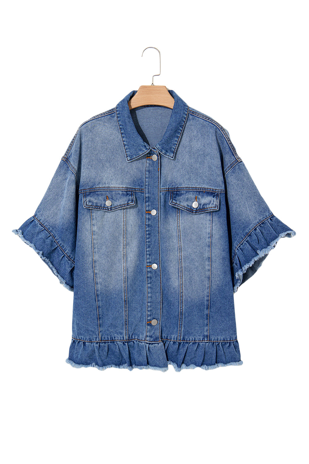 Peacock Blue Ruffled Frayed Short Sleeve Plus Size Denim Jacket