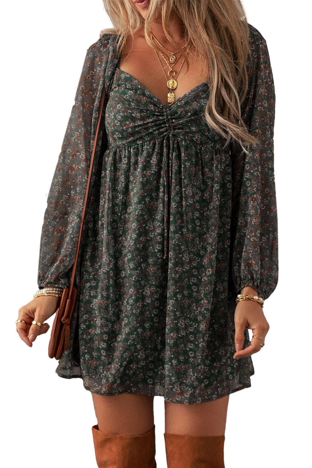 Red Floral Print Sweetheart Neck Shirred Back Mini Dress