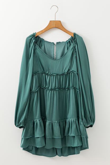 Black Tiered Ruffled Puff Sleeve Loose Fit Mini Dress