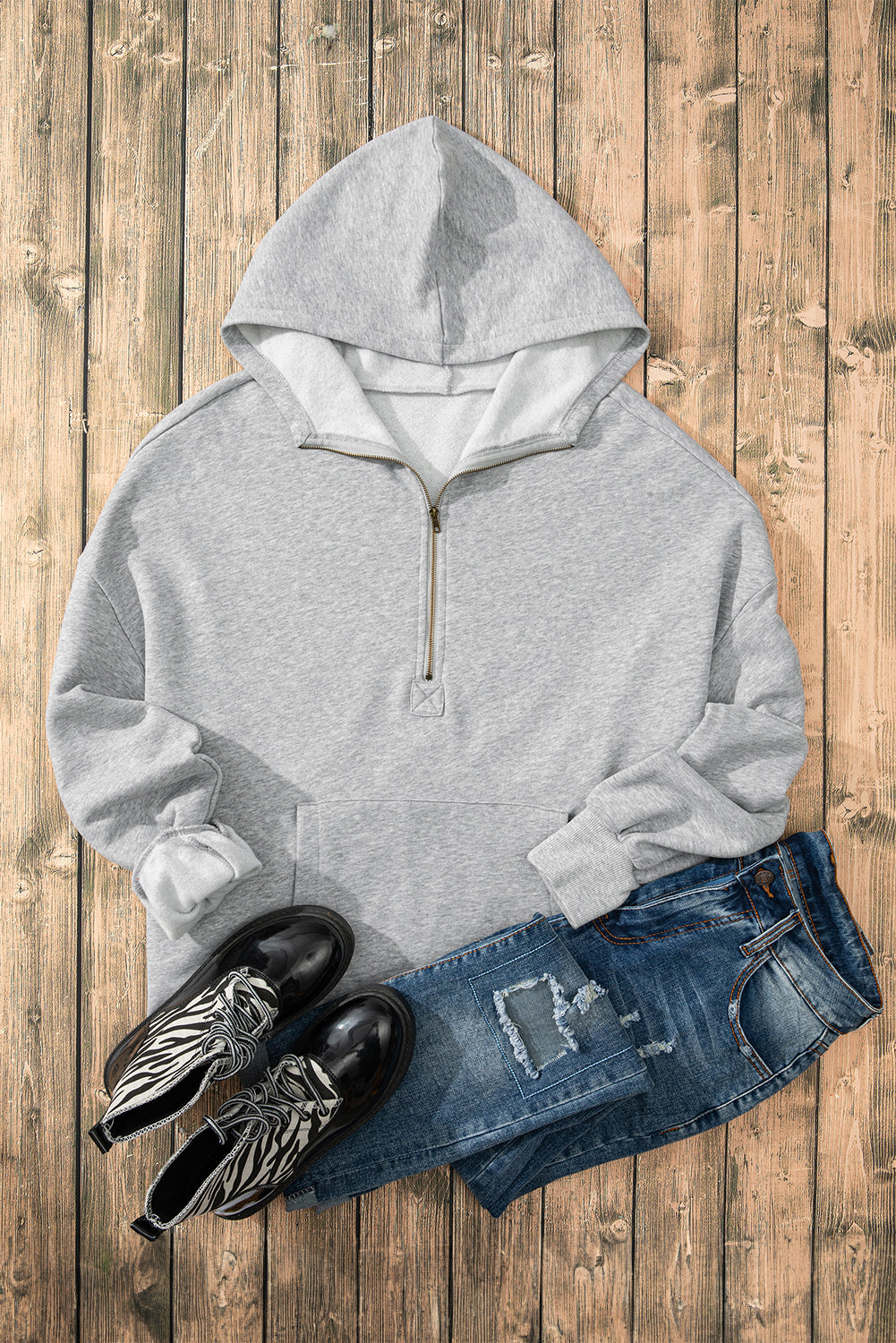 Bonbon Fleece Lined Half Zipper Kangaroo Pockets Loose Hoodie
