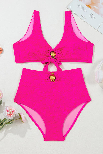Rose Red Gold Shell Decor Wire-free Knotted 2pcs Bikini Swimsuit