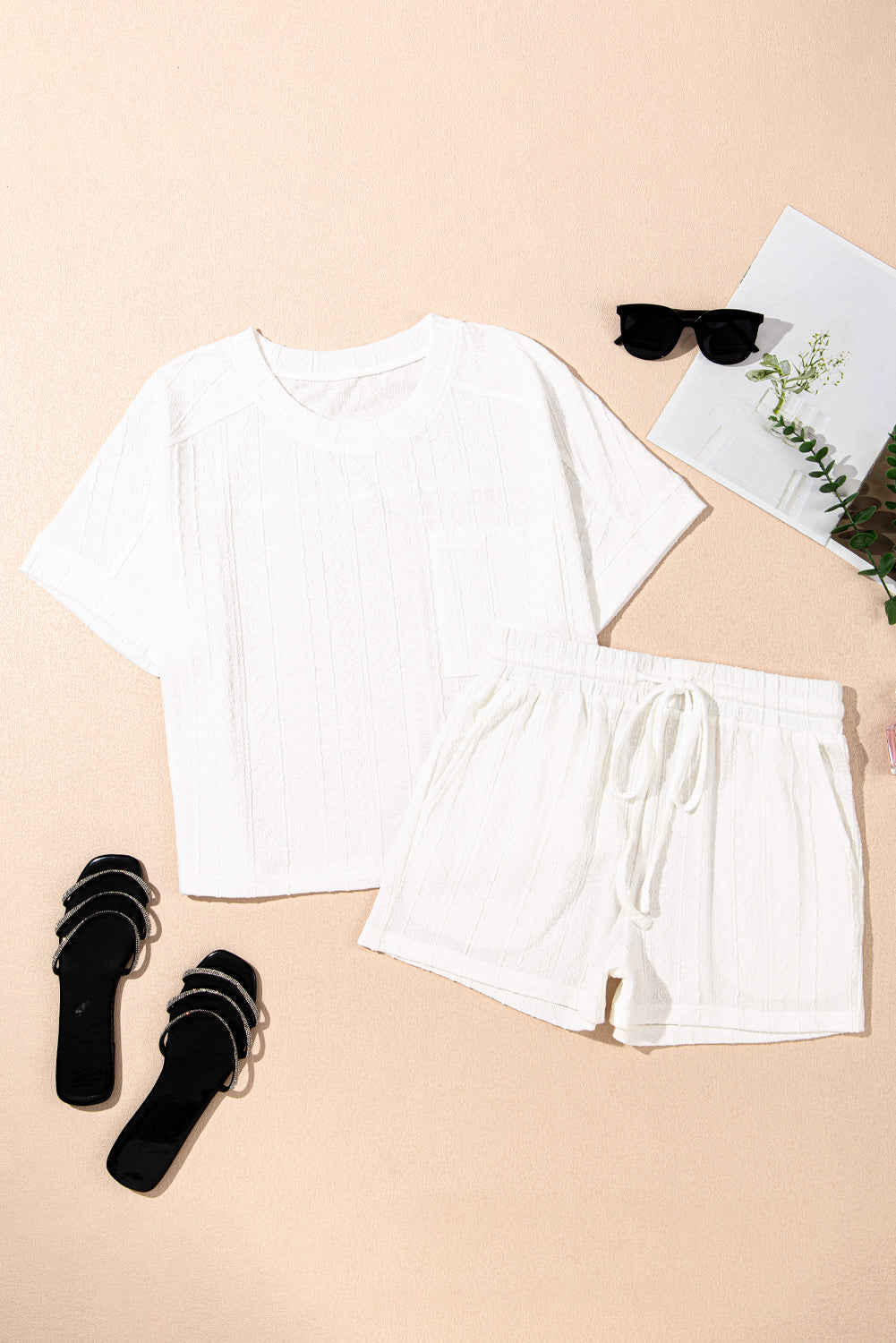 Pale Chestnut Textured Patched Pocket Short Sleeve Top Drawstring Shorts Set
