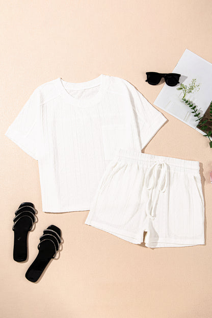 Pale Chestnut Textured Patched Pocket Short Sleeve Top Drawstring Shorts Set