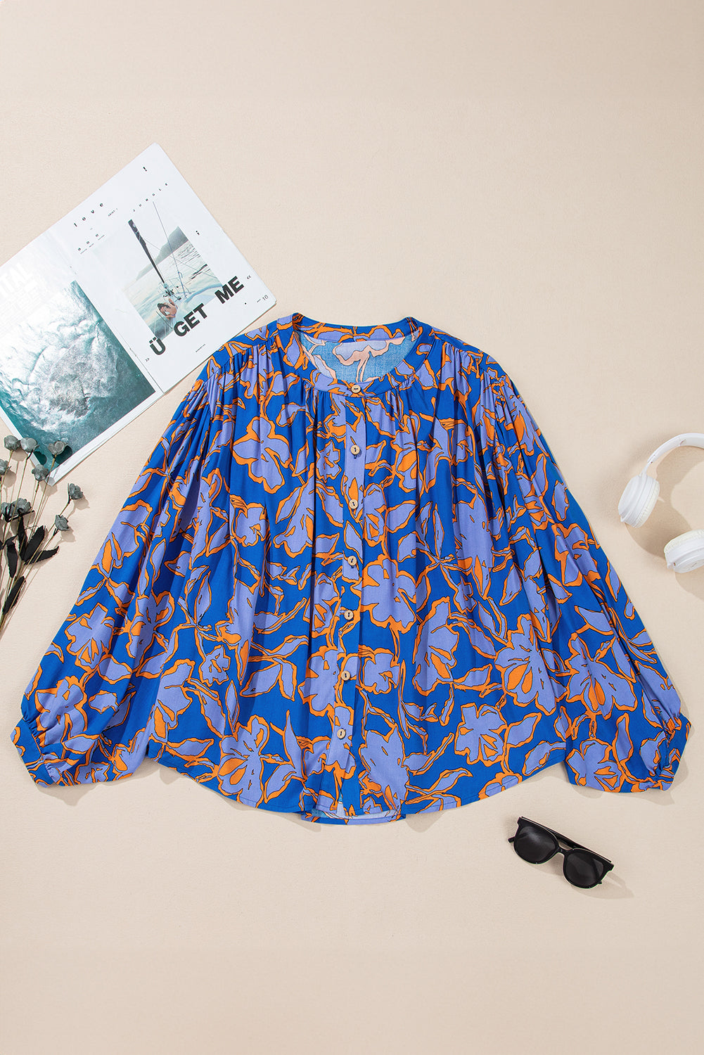 Pink Floral Print Batwing Sleeve Buttoned Loose Fit Shirt