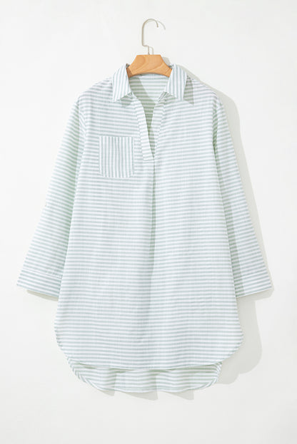 White Stripe Collared V Neck Chest Pocket Long Sleeve Beach Cover up