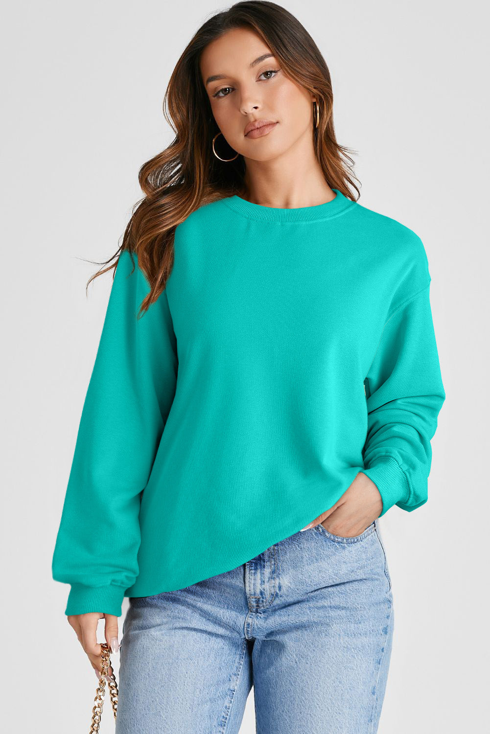 Navy Blue Plain Drop Shoulder Crewneck Pullover Sweatshirt