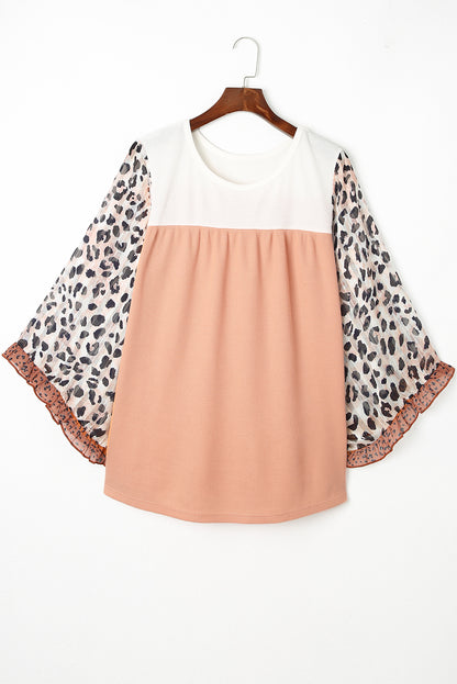 Khaki Printed Plus Ruffle Leopard Sleeve Waffled Color Block Top