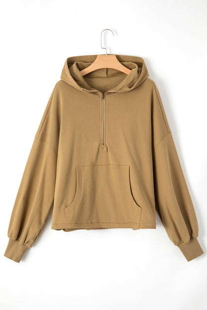 Bonbon Fleece Lined Half Zipper Kangaroo Pockets Loose Hoodie