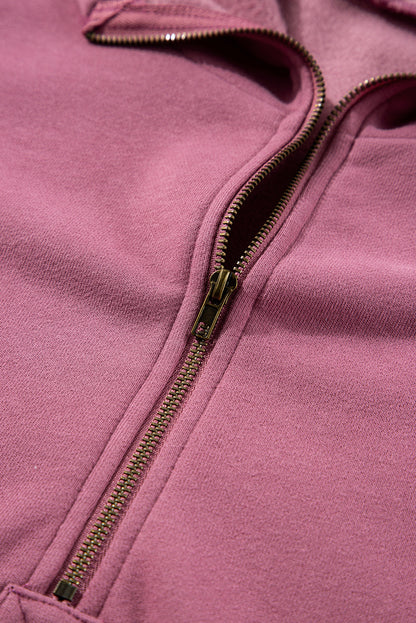 Bonbon Fleece Lined Half Zipper Kangaroo Pockets Loose Hoodie
