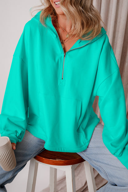 Bonbon Fleece Lined Half Zipper Kangaroo Pockets Loose Hoodie