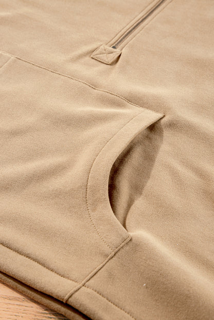 Bonbon Fleece Lined Half Zipper Kangaroo Pockets Loose Hoodie