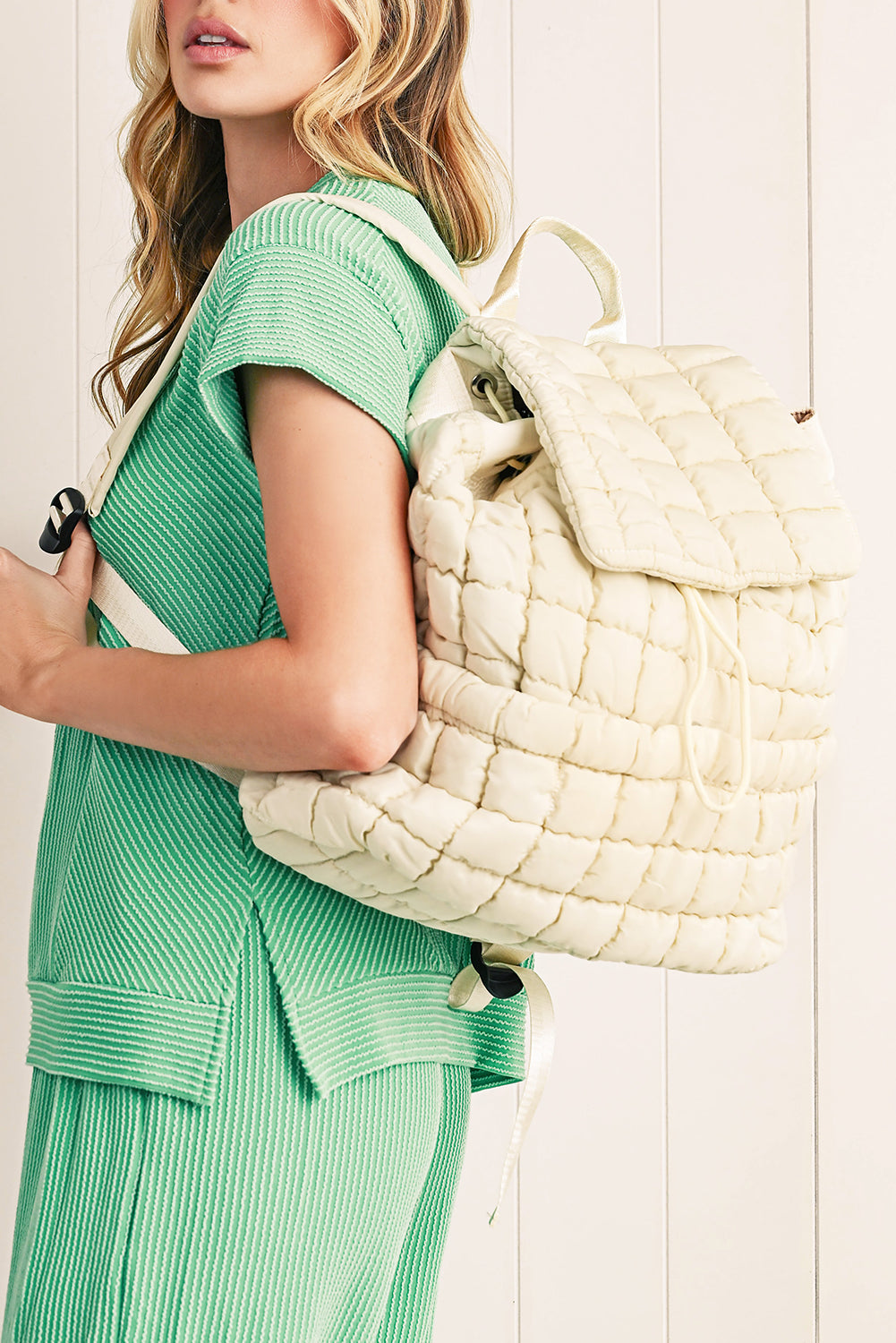 Dusk Blue Solid Flapped Quilted Puffer Backpack
