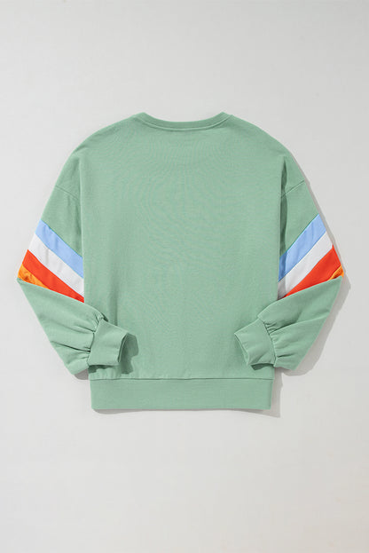Flamingo Rainbow Striped Sleeve Crew Neck Loose Sweatshirt